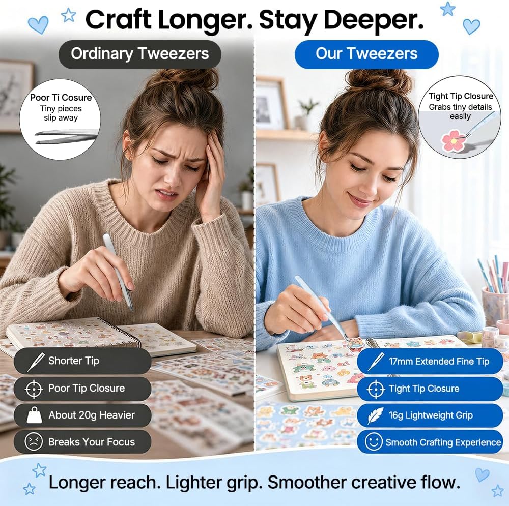 Precision Craft Tweezers, Curved Extended Fine Tip Sticker Tweezers for 3D Scene Stickers, Scrapbooking, Journaling