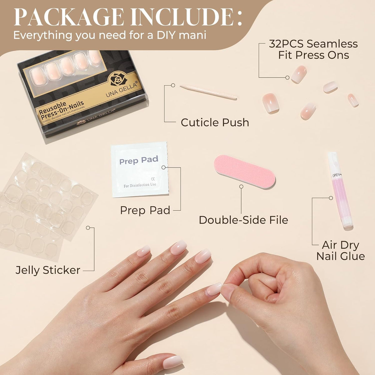 Press On Nails Short Square, Ombre Nude Cream Soft Gel Fake Nails