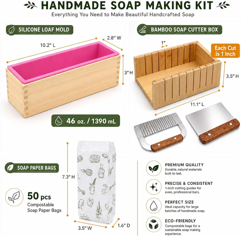Soap Mold Making Kit with Wooden Cutter Soap Molds Silicone 46oz Purple | Melt and Pour or Cold Process, 50pc Soap