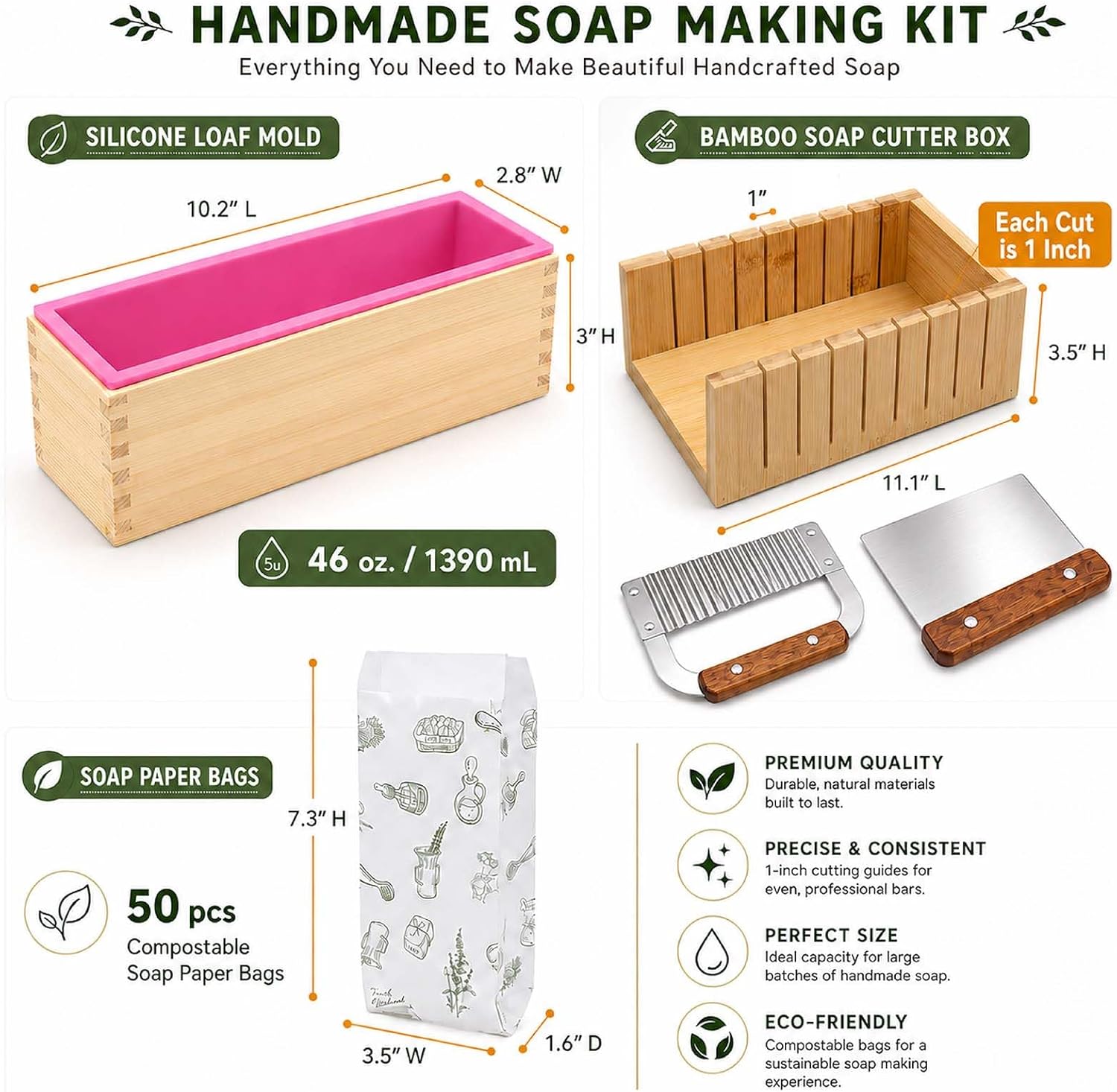 Soap Mold Making Kit with Wooden Cutter Soap Molds Silicone 46oz Purple | Melt and Pour or Cold Process, 50pc Soap
