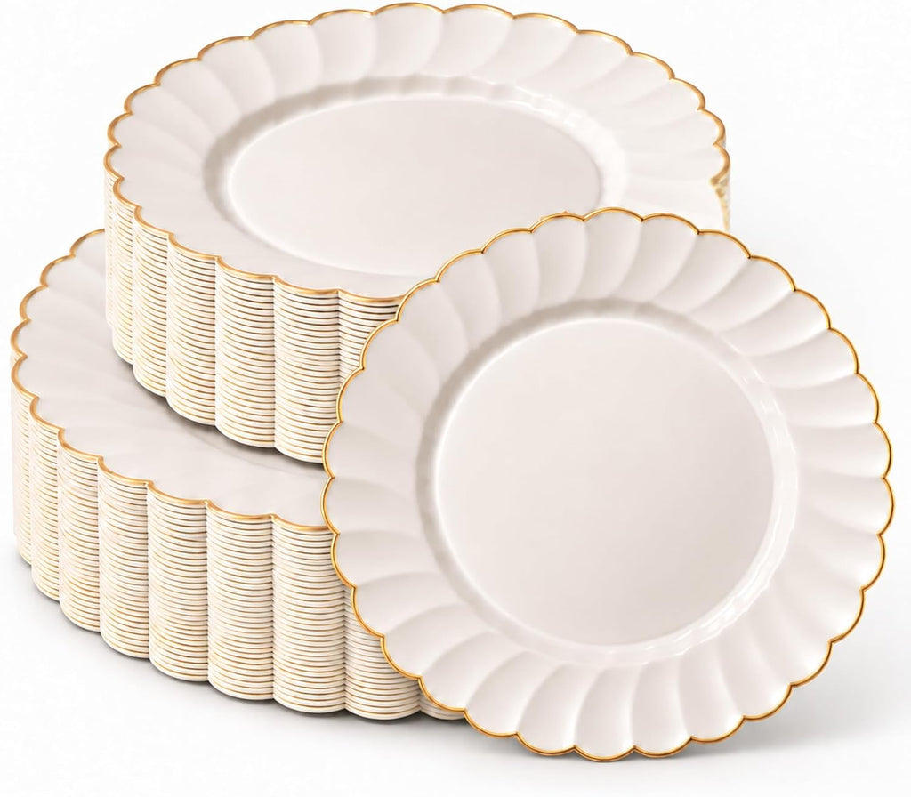 HEAVYWEIGHT Ivory Gold Scalloped Disposable Plates for Party 60 Pc