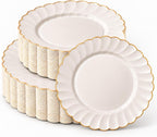 HEAVYWEIGHT Ivory Gold Scalloped Disposable Plates for Party 60 Pc
