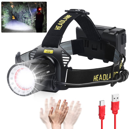 Headlamp Rechargeable, Super Bright Headlamp for Adults, 7 Modes, Zoomable, IP68 Waterproof Head Flashlight for