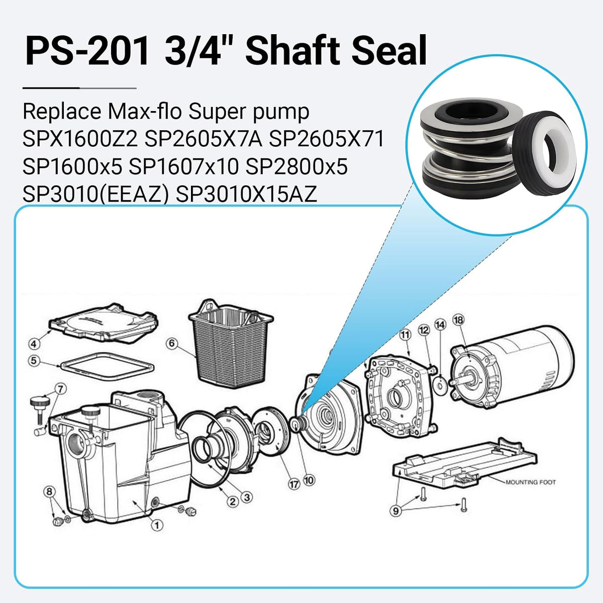 2-Pack PS-201 3/4" Shaft Seal Kit for Hayward Pool/Spa Pump Motor Replacement - Fits Super Pump SPX1600Z2, SP2605X7A, SP2605X71, SP1600x5, SP1607x10, MaxFlo SP2800x5, Super II SP3010(EEAZ) ,AS-201