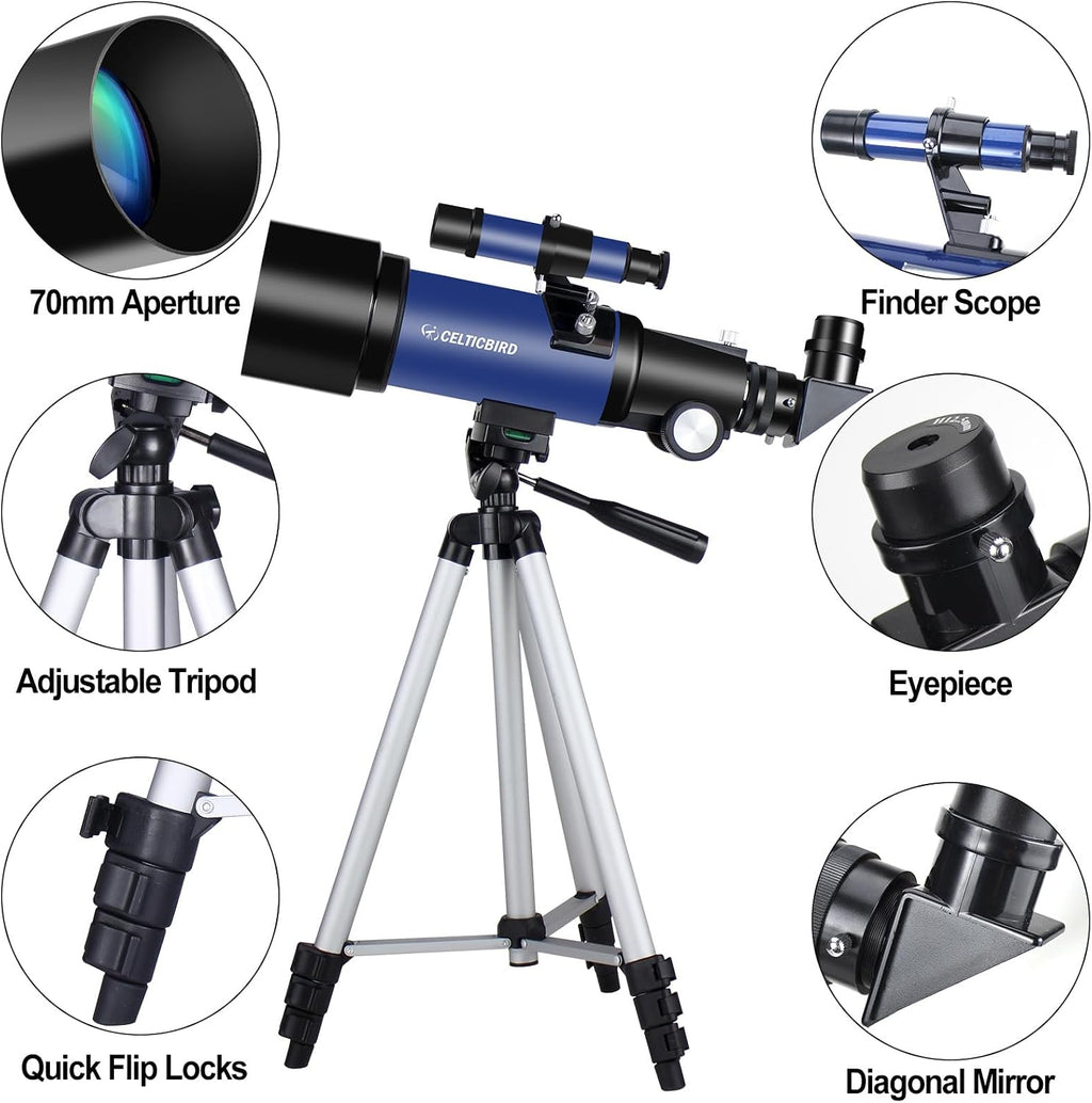 Telescope 70mm Aperture 400mm Astronomical Refracting Telescopes - Travel Telescope with Tripod, Phone Adapter(Ocean