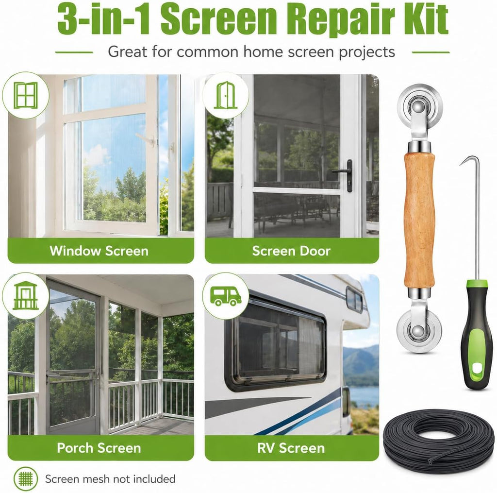 Screen Repair Kit,Roller+0.14”x32ft Spline+Hook