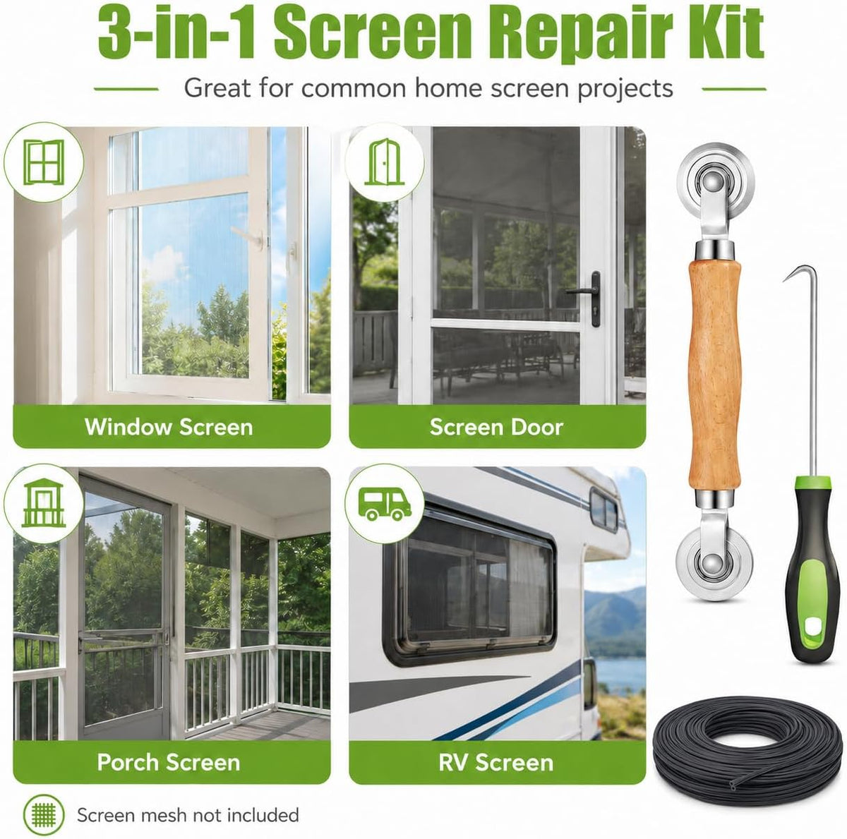 Screen Repair Kit,Roller+0.14”x32ft Spline+Hook