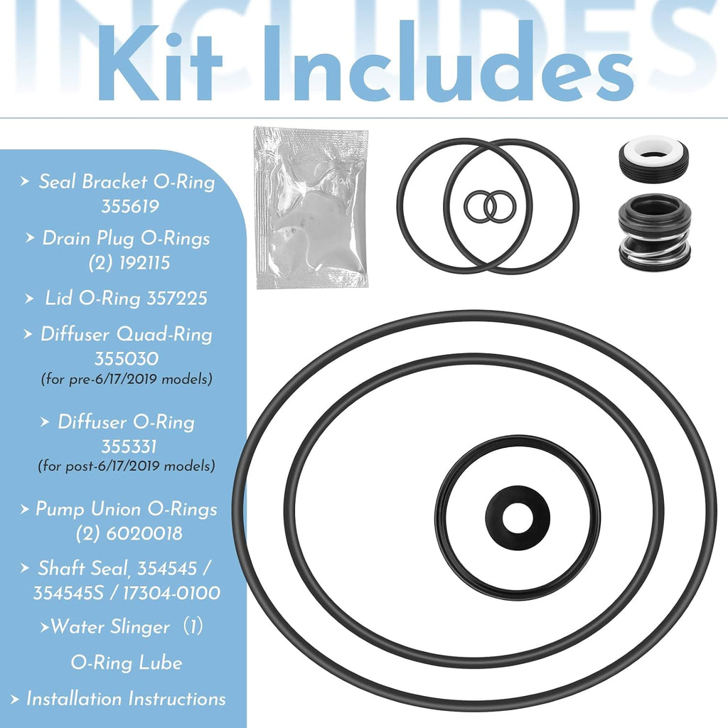 O-Ring Rebuild Repair Kit,for Pentair SuperFlo and SuperMax Pool Pumps Parts, Includes 2 Pump Union O-Rings, 2 Drain Plug O-Rings, Water Slinger, US Seal PS-200 Shaft Seal, and O-Ring Lube