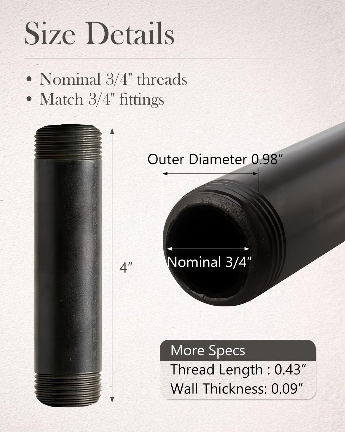 10 Pack 3/4 x 4 Inch Black Malleable Steel Pipe Nipples