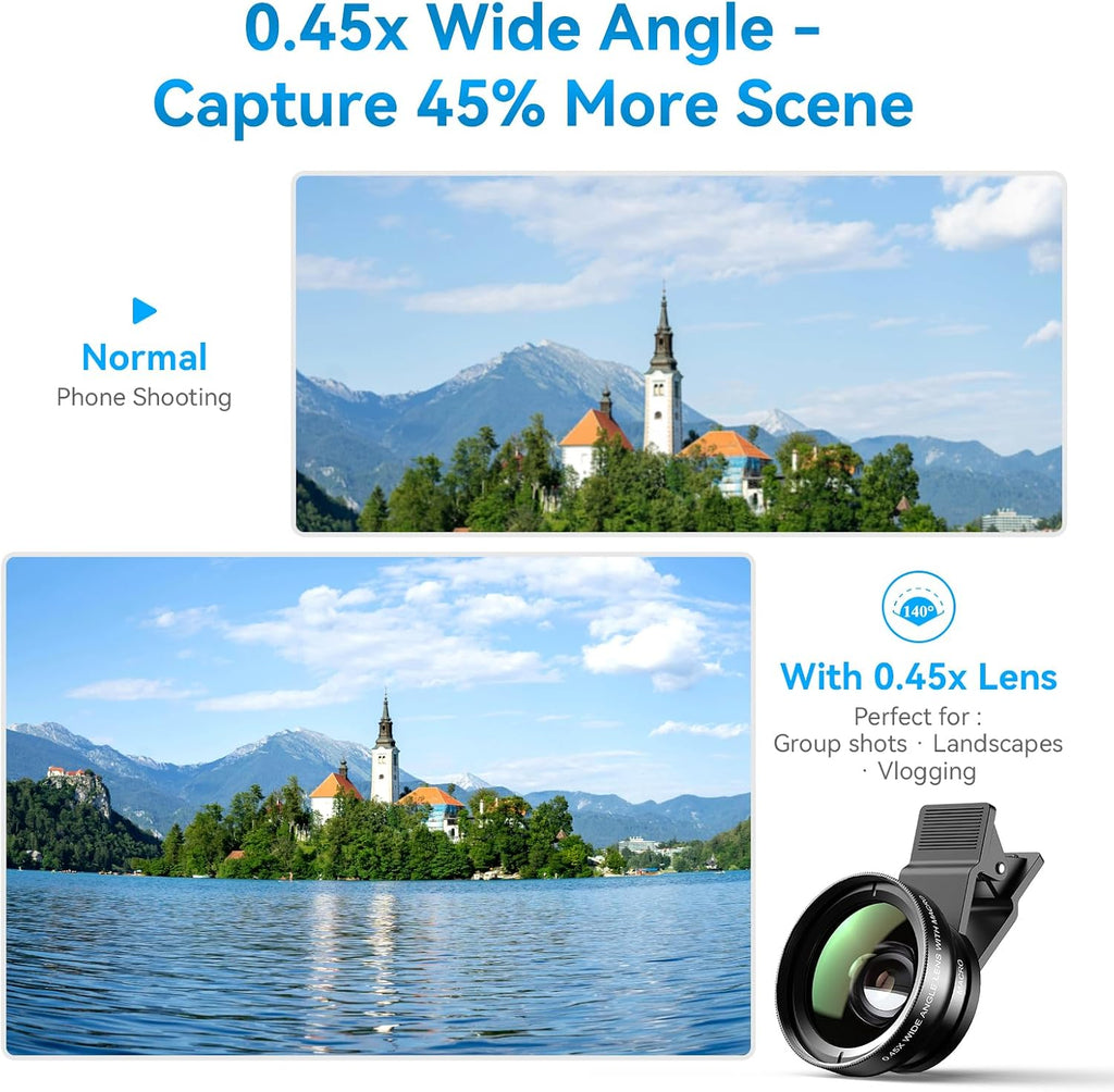 0.45x Wide Angle & 12.5X Macro Lens, Clip-On Phone Camera Kit | for iPhone & Android – Perfect for Selfies, Travel