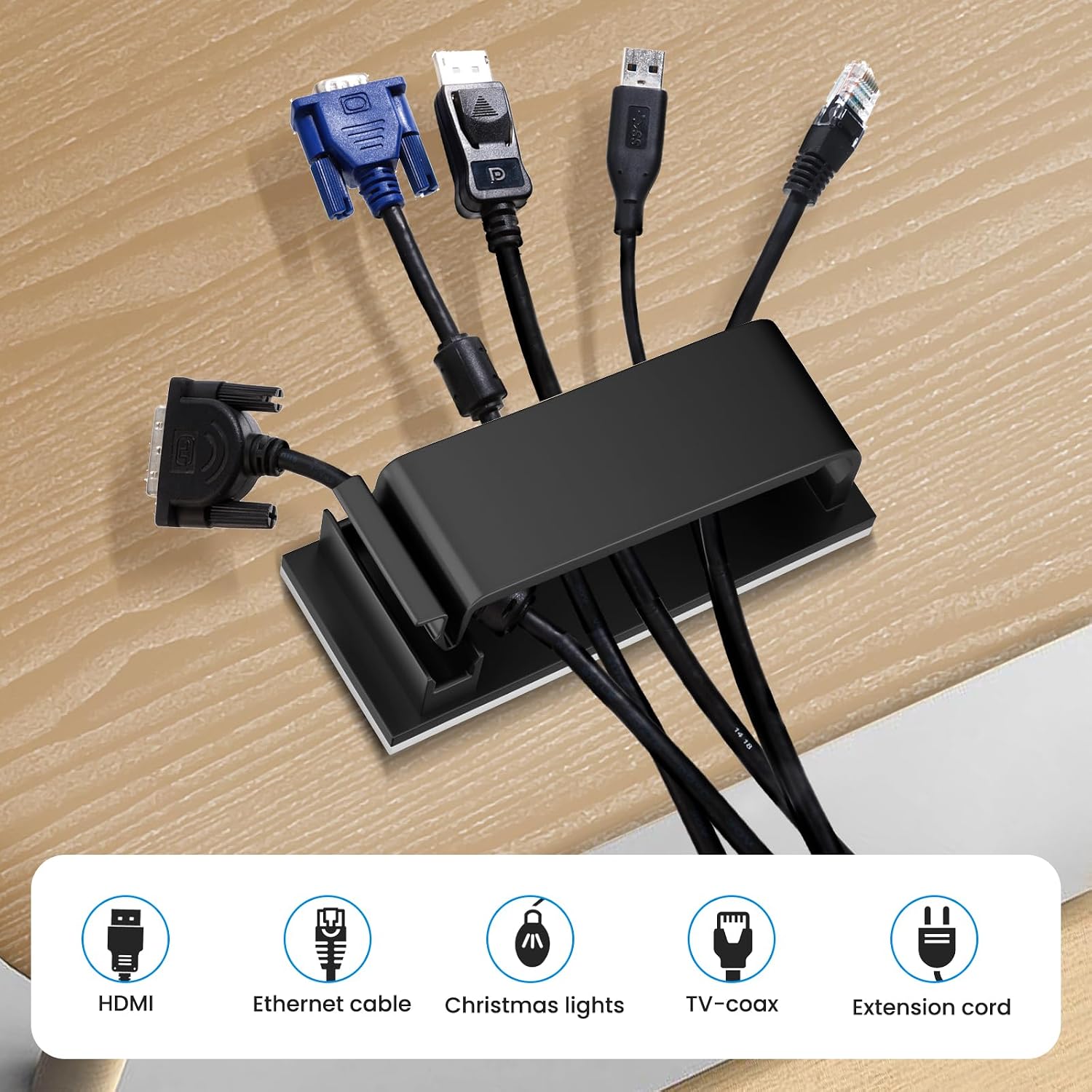 Adhesive Cable Management Clip (20Pcs Black),Cord Management Under Desk,Wire Organizer for TV PC Ethernet HDMI