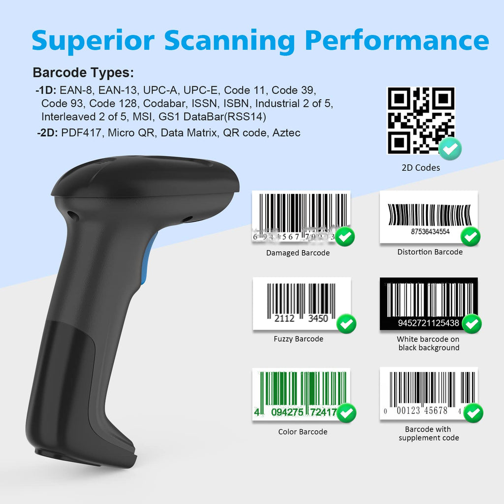 USB 2D QR Barcode Scanner Wired, Automatic Handheld Code Reader