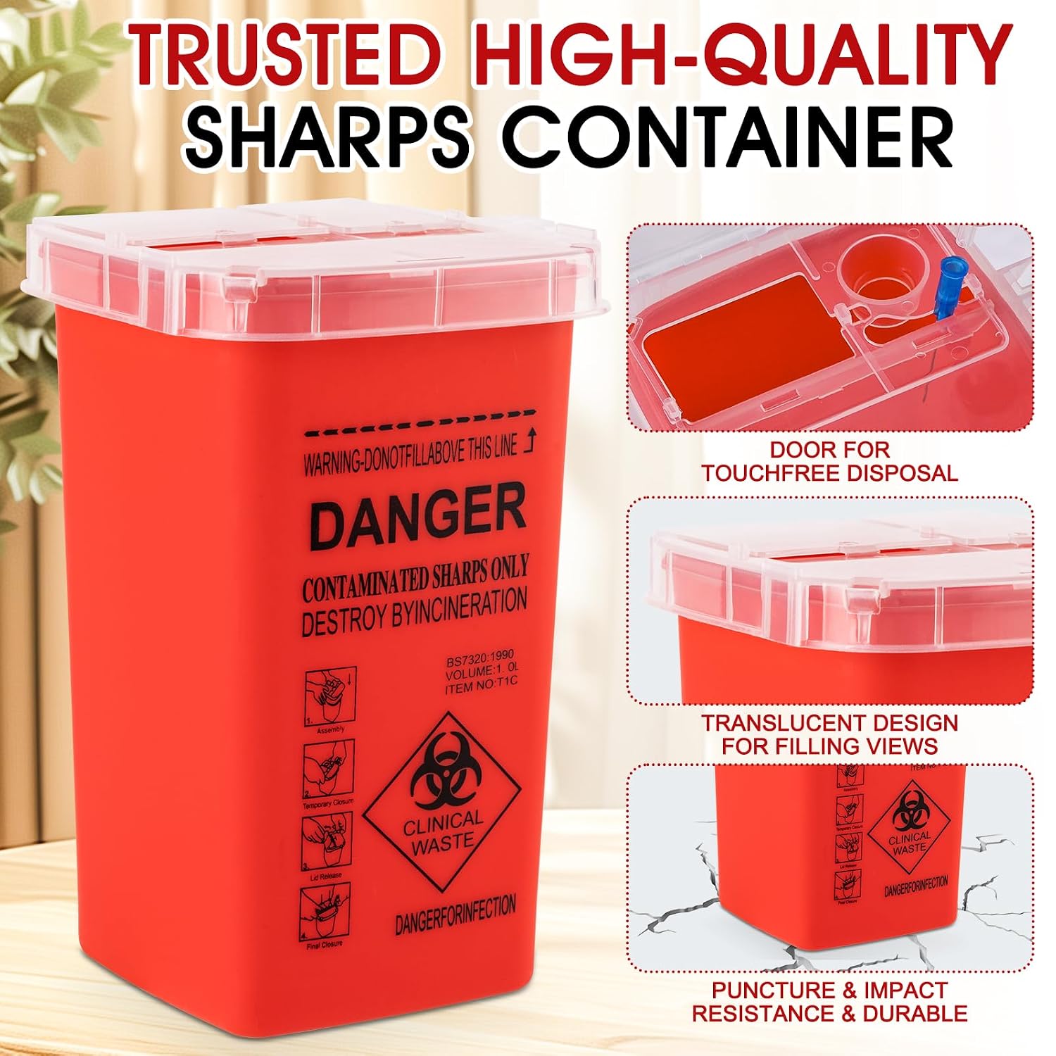 1 Quart (3-Pack) Sharps Container for Home Use, Needle Disposal Containers | Biohazard Containers, Syringe Disposal