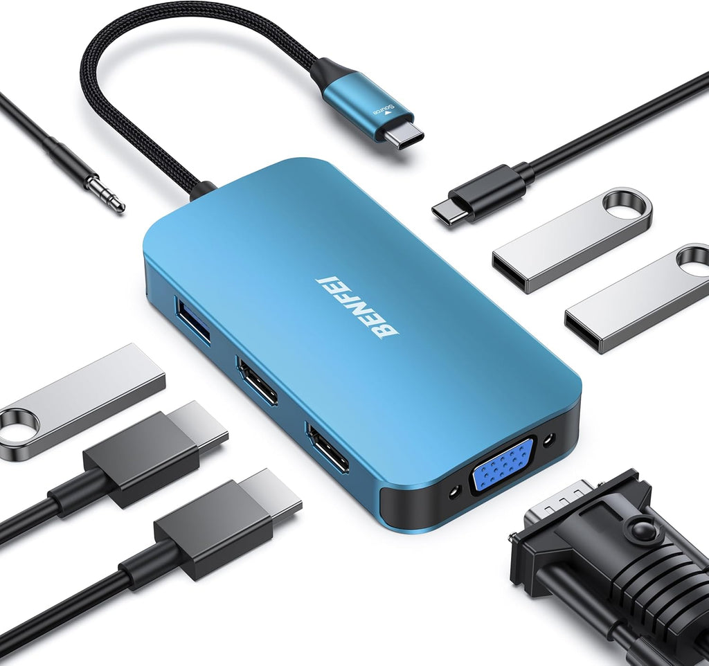 USB C Docking Station, 8-in-1 USB C Hub with Triple Display Dual HDMI, VGA, 3*USB 3.0, 100W Power Delivery, 3.5mm AUX