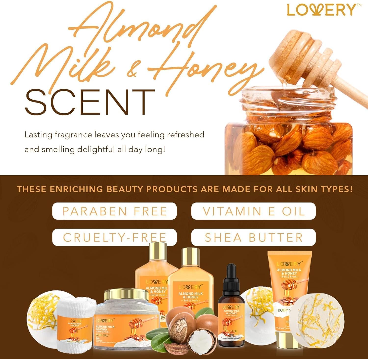 Gifts for Women Gift Basket for Women - 10 Pc Almond Milk & Honey Beauty & Personal Care Set - Home Bath Pampering