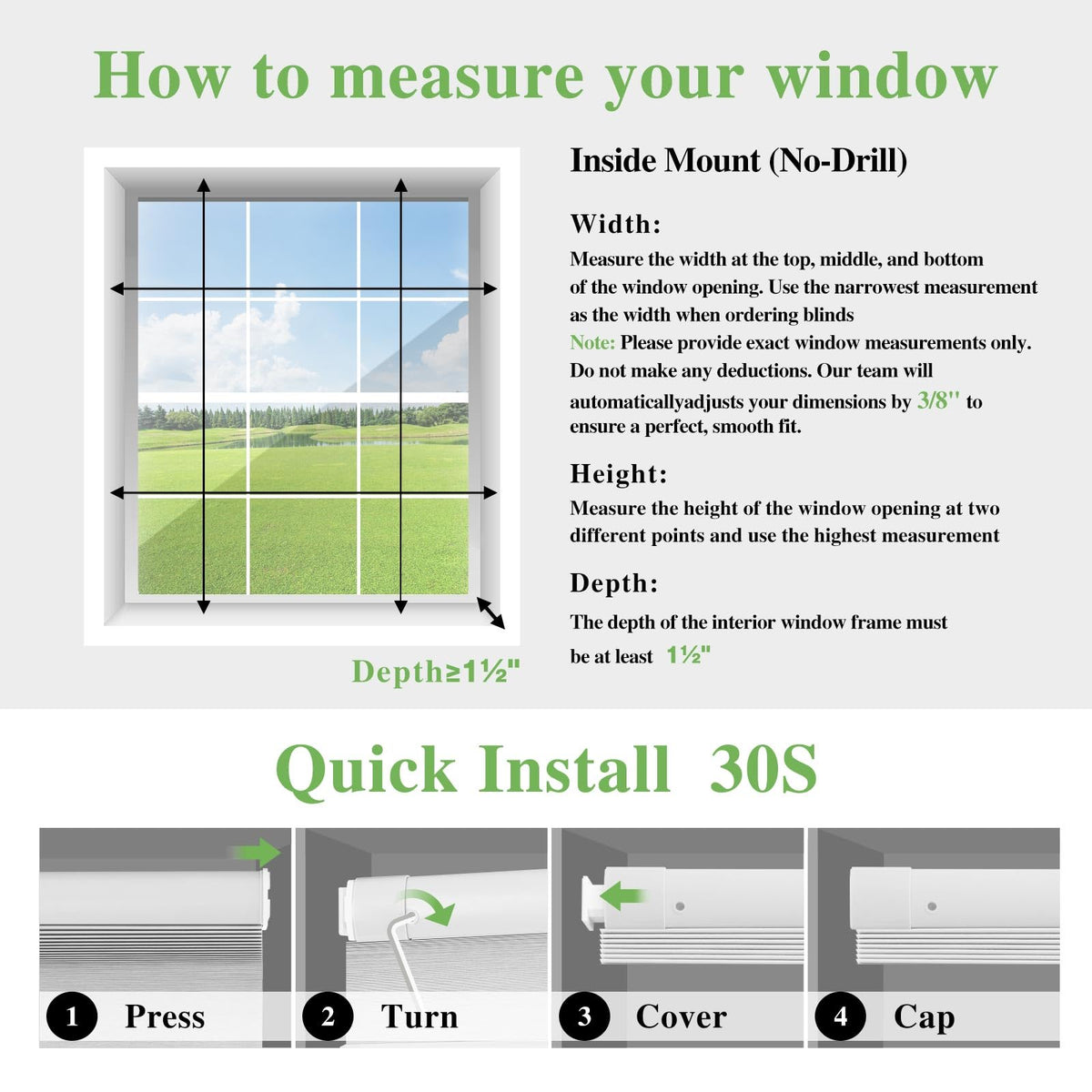 Custom Size No Drill Cellular Shades，Light Filtering，White