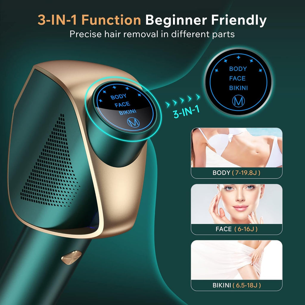 IPL Laser Hair Removal for Women and Men, Long-Lasting Results,999,999 Flashes Painless Hair Removal, 3-In-1