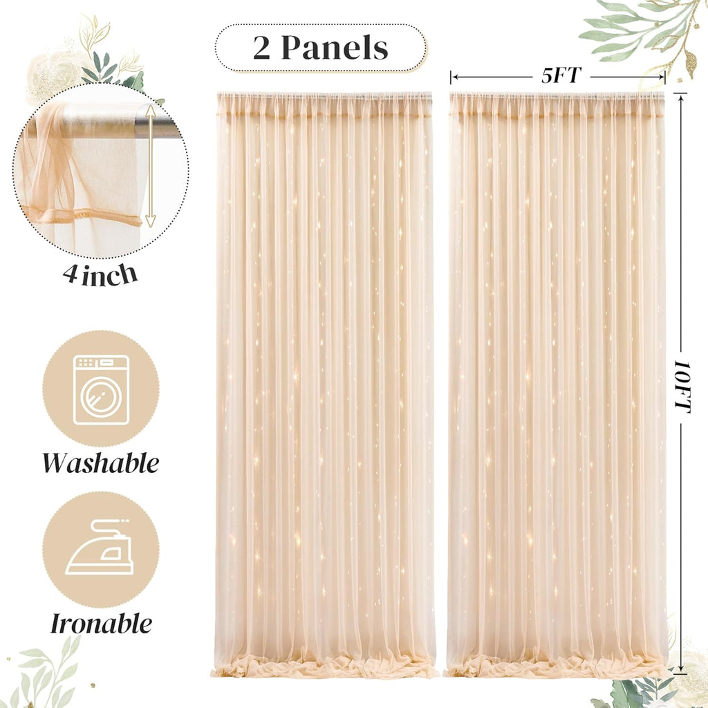 10ft x 10ft Champagne Backdrop Curtain with Lights String for Parties, Sheer Wedding Photo Backdrops Drapes for Baby