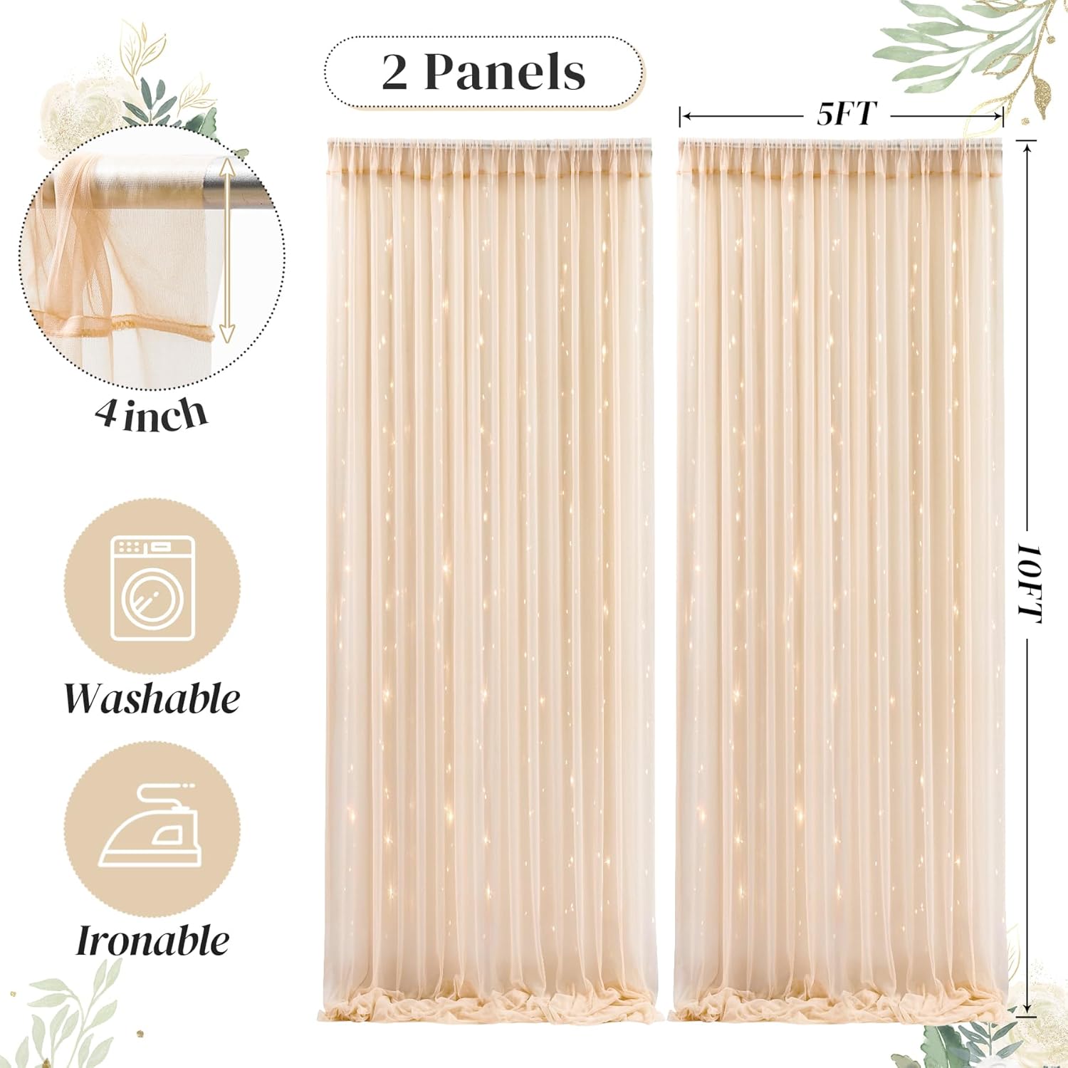 10ft x 10ft Champagne Backdrop Curtain with Lights String for Parties, Sheer Wedding Photo Backdrops Drapes for Baby