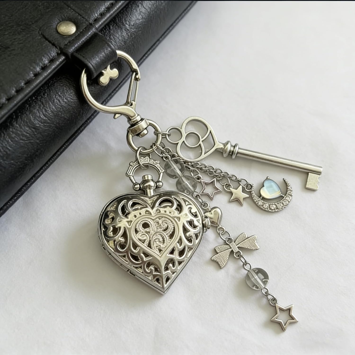 Y2k Pocket Watch Keychain Aesthetic Heart Locket Bag Charms | Moon Star Bow Bag Purse Charms for Handbags Accesories