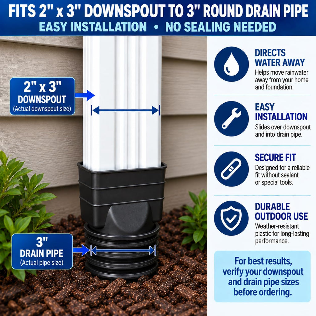 K-TEC 2"x3" Downspout to 3" Round Drain Pipe Adapter – 2x3x3, Black
