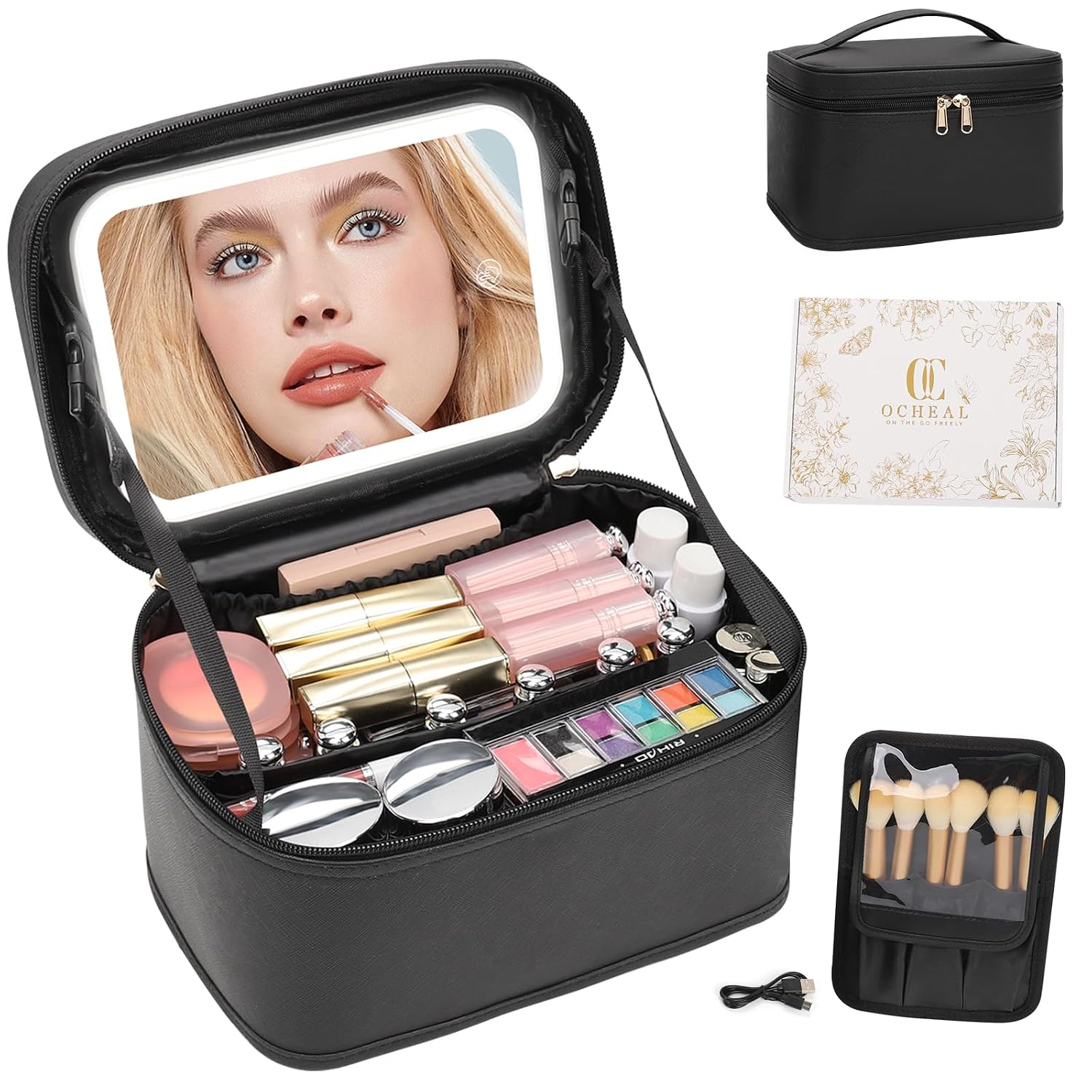 Makeup Bag With LED Mirror, Travel Makeup Bag With 3 Color Setting Light Up Mirror Cosmetic Makeup Organizer Vanity