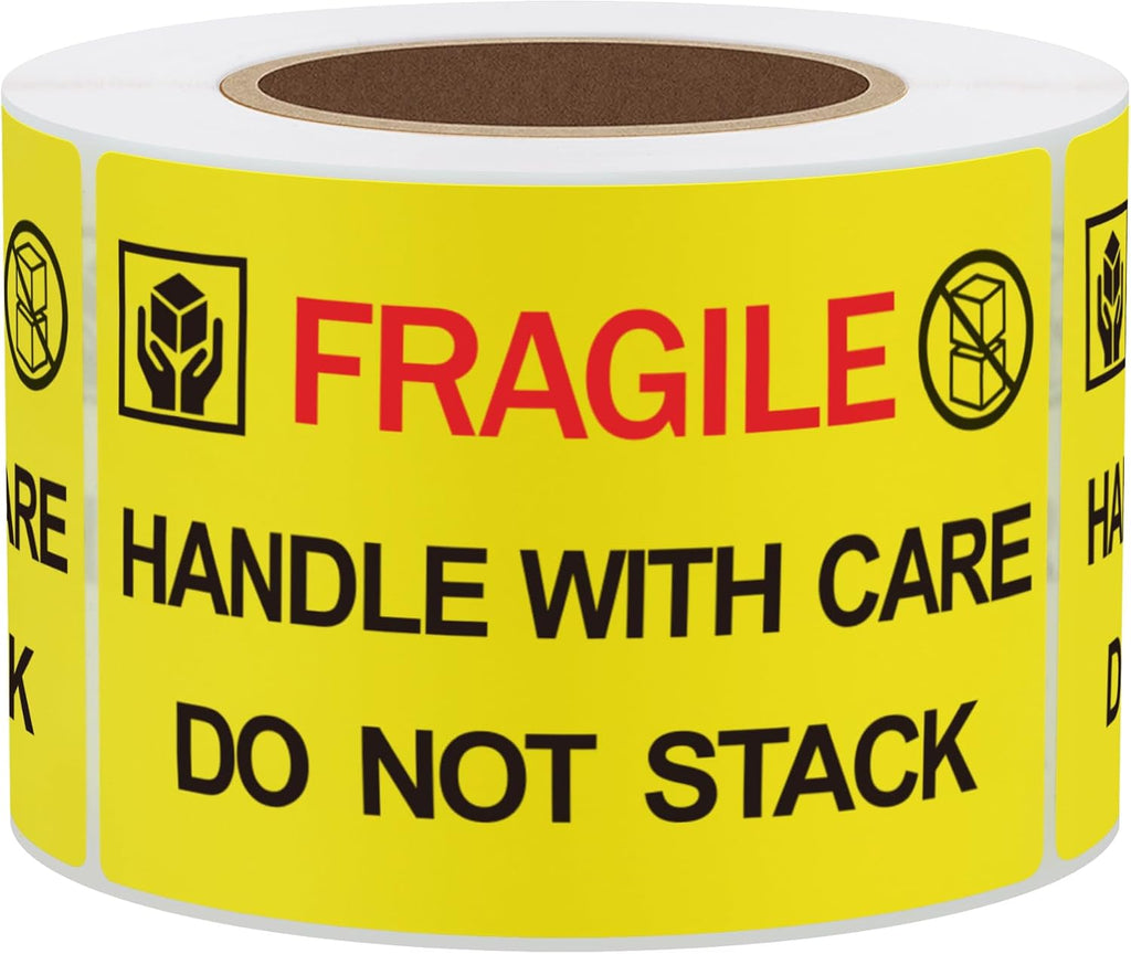 2x3 inch 300pcs Fragile Stickers for Shipping Moving Handle with Care Do Not Stack Yellow Warning Labels (Type 2)