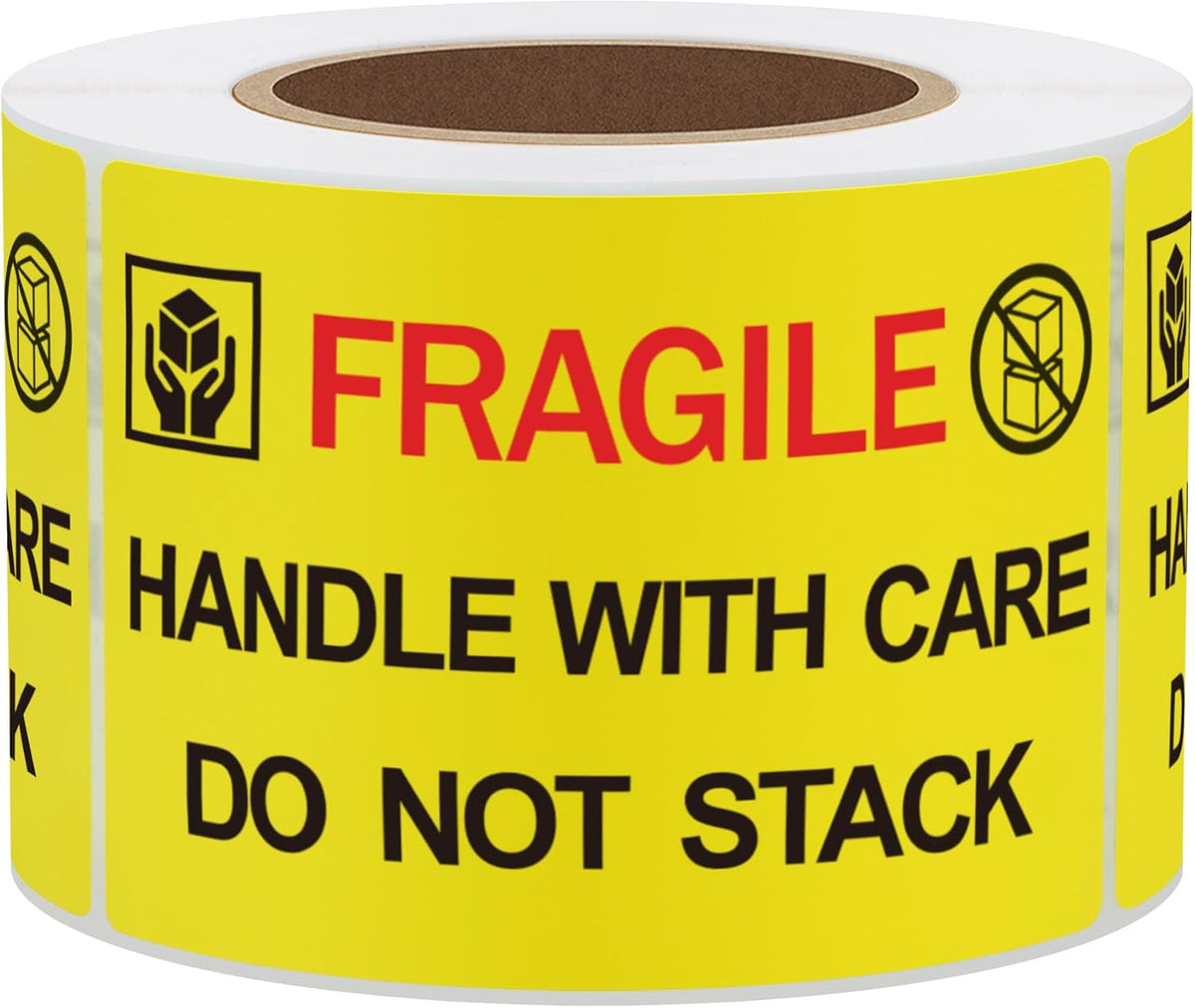 2x3 inch 300pcs Fragile Stickers for Shipping Moving Handle with Care Do Not Stack Yellow Warning Labels (Type 2)