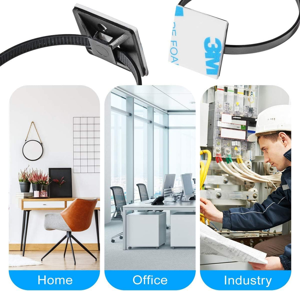 3/4" Strong Back-Glue Self Adhesive Black Cable Zip Tie Mounts 100pcs with 8" Zip Ties, Screws, UV Protection Outdoor