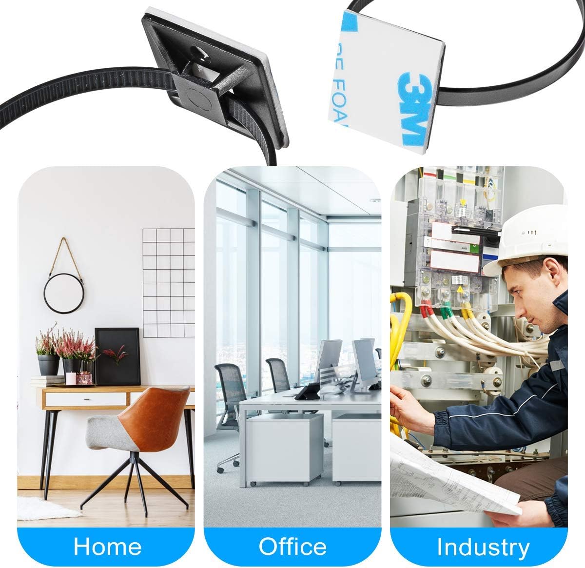 3/4" Strong Back-Glue Self Adhesive Black Cable Zip Tie Mounts 100pcs with 8" Zip Ties, Screws, UV Protection Outdoor