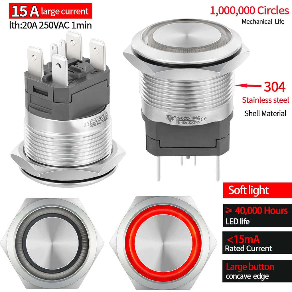 UL Listed 15Amp 22mm Momentary Push Button Switch, IP67 Waterproof, DPST 2NO, Stainless Steel 304, On Off Switch with Wire Socket, 110V Red LED.
