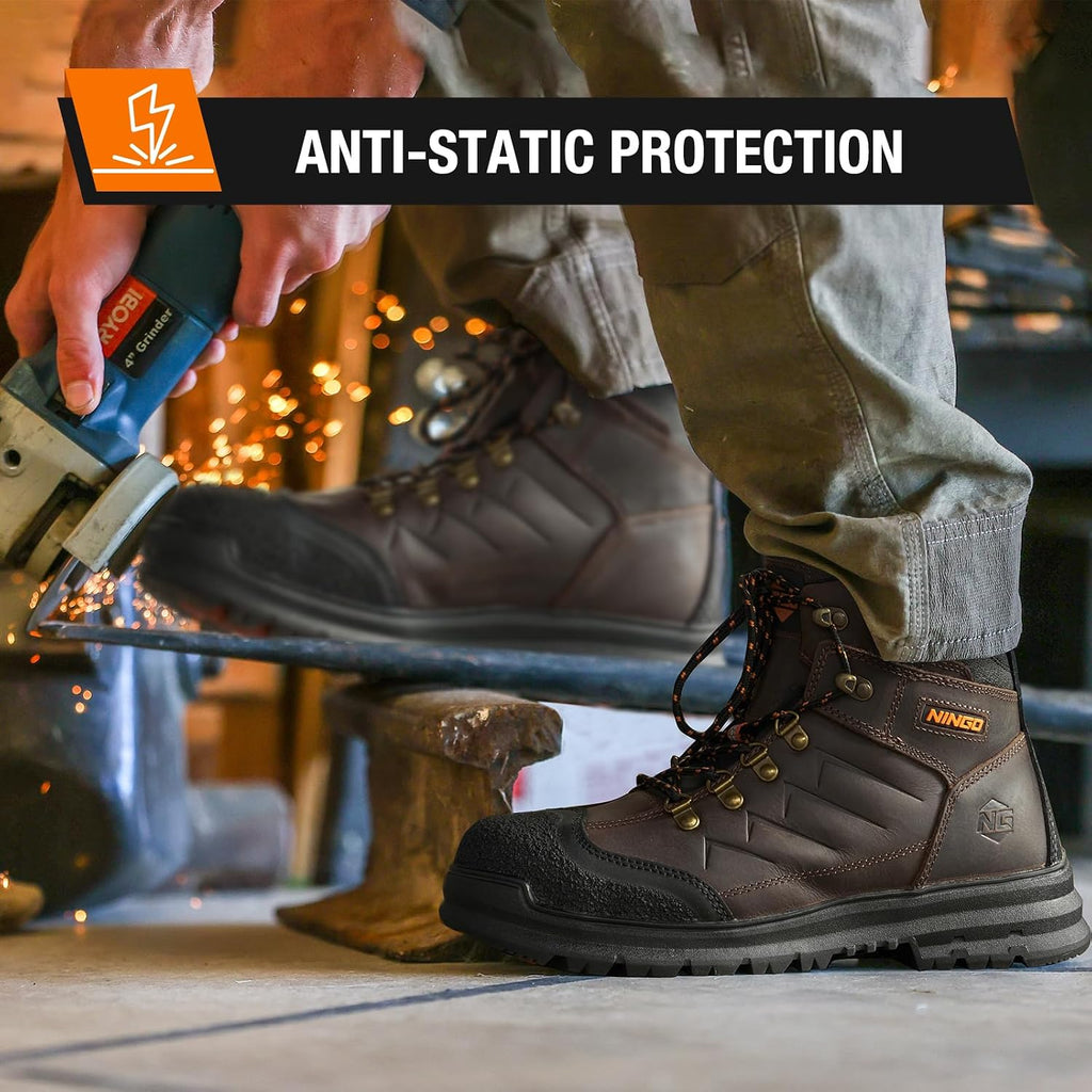Mens Steel Toe Work Boots, Full Grain Leather, Oil and Slip Resistant, Puncture Proof Construction Boots with
