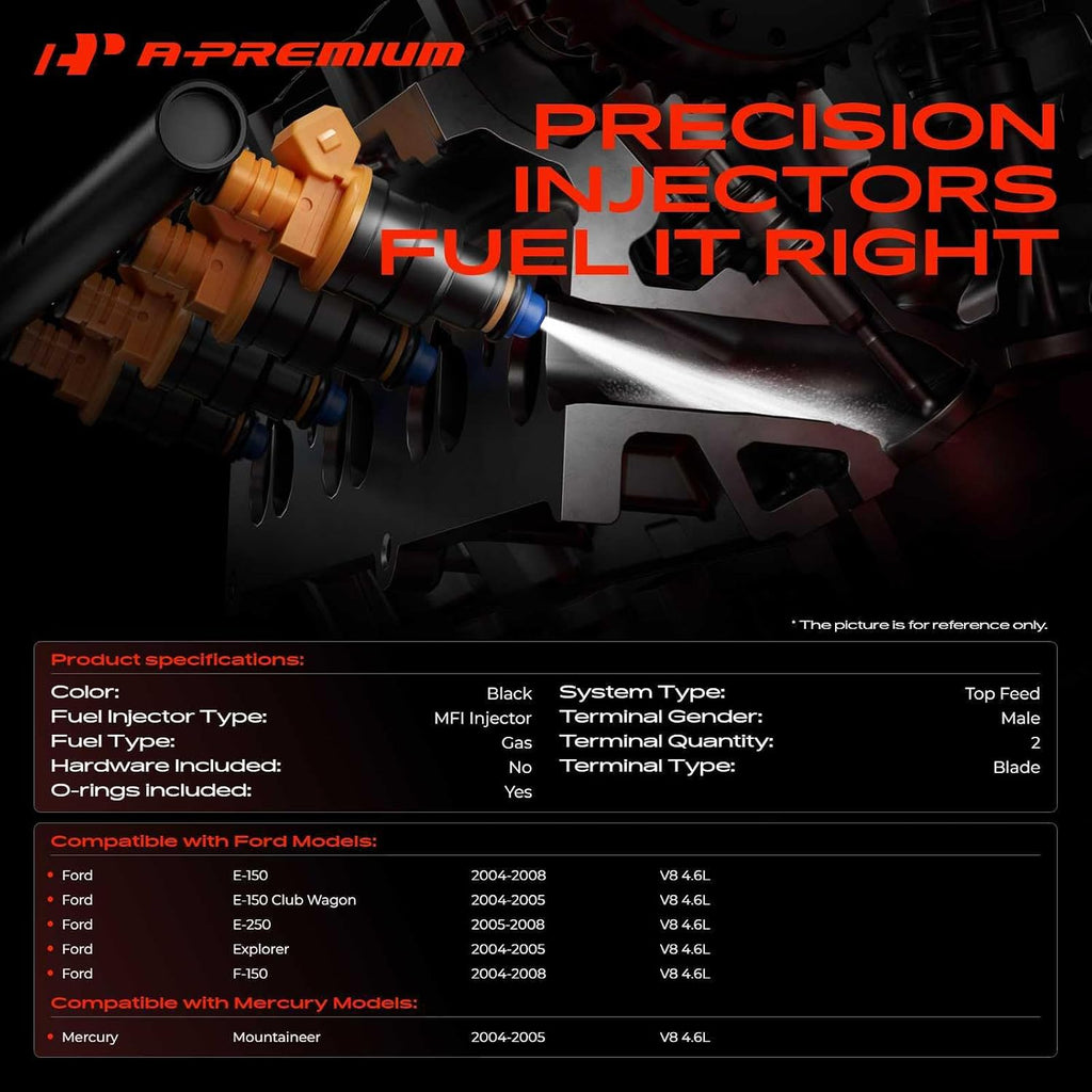 A-Premium Set of 8 Fuel Injectors Compatible with Ford, Mercury