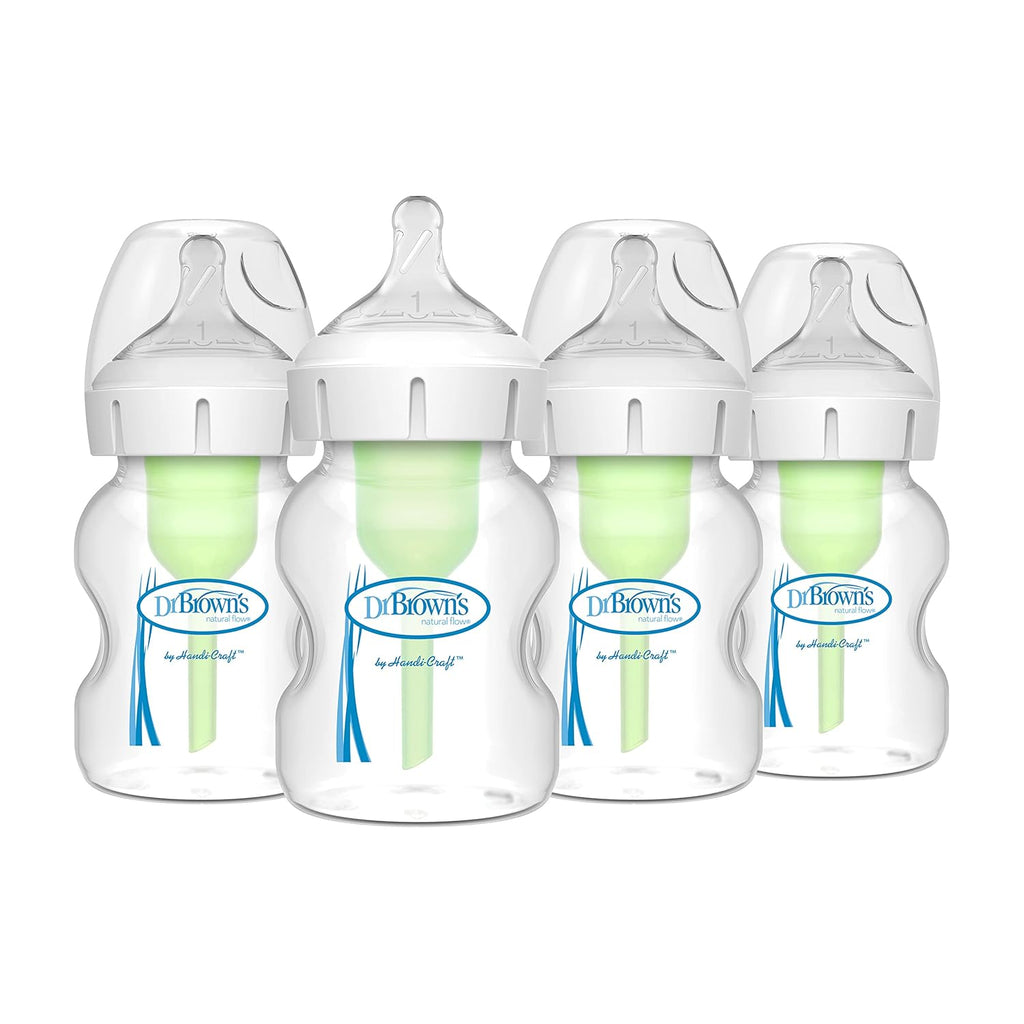 Dr. Brown’s Natural Flow Anti-Colic Options+ Wide-Neck Baby Bottles 5 oz/150 mL, with Level 1 Slow Flow Nipple, 4