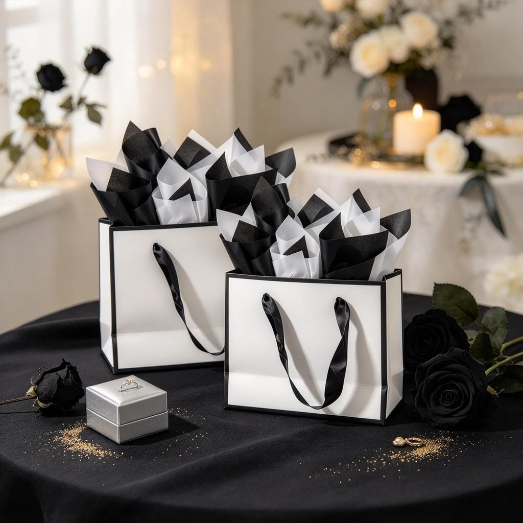 Small White & Black Gift Bags with Handles and Tissue Paper, 4 Pack