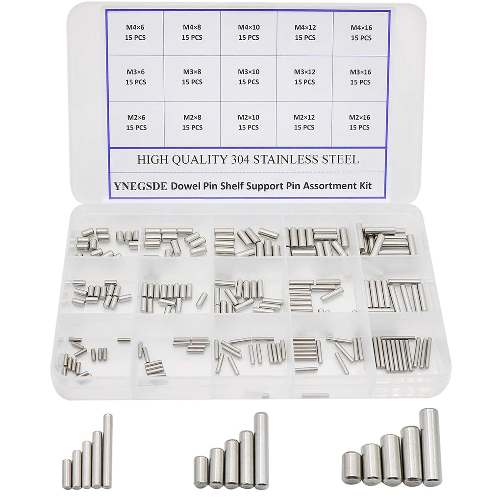 225 Pieces Dowel Pins Stainless Steel Shelf Support Pegs Pin Rod Fasten Elements Assortment Kit - Size Include M2 M3 M4