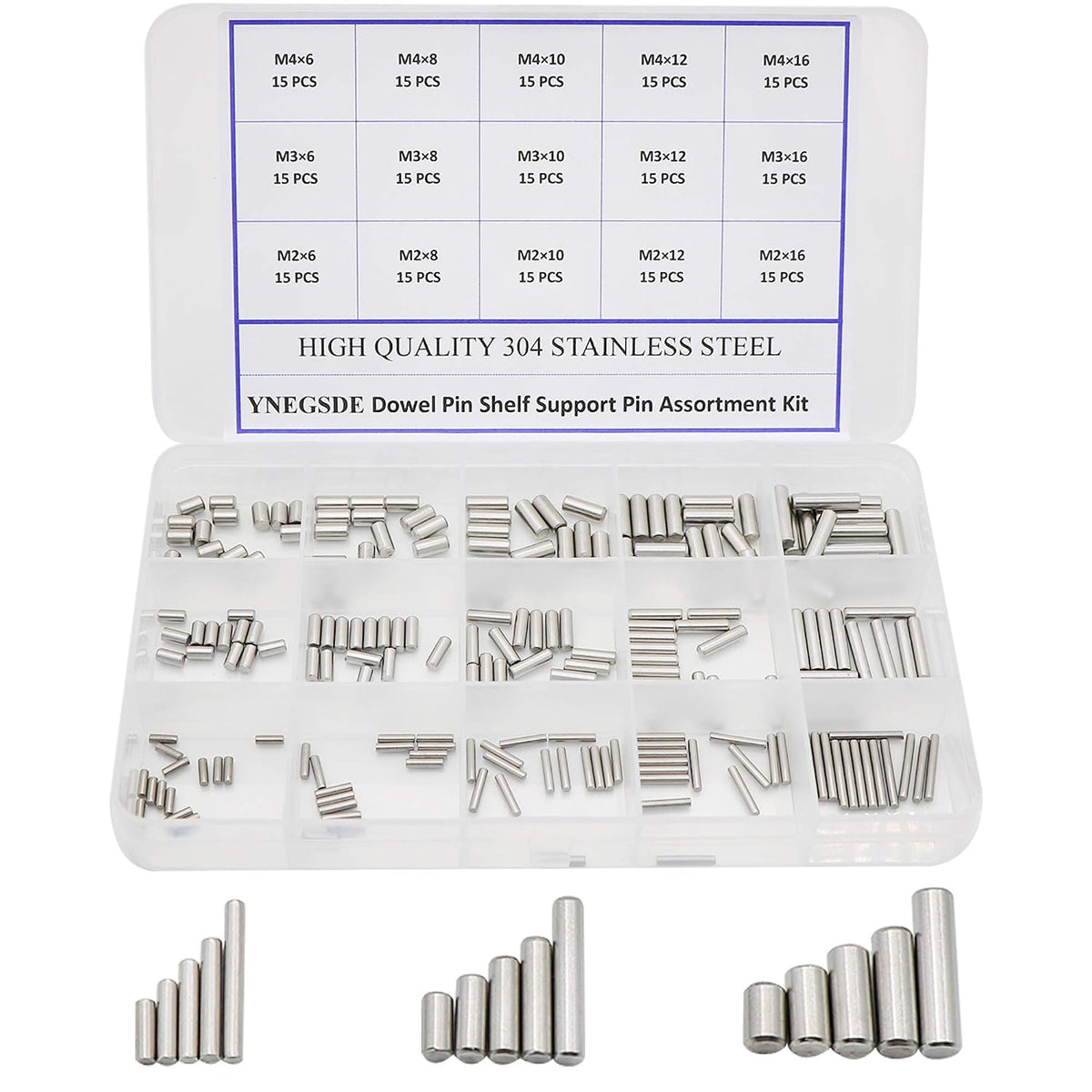 225 Pieces Dowel Pins Stainless Steel Shelf Support Pegs Pin Rod Fasten Elements Assortment Kit - Size Include M2 M3 M4
