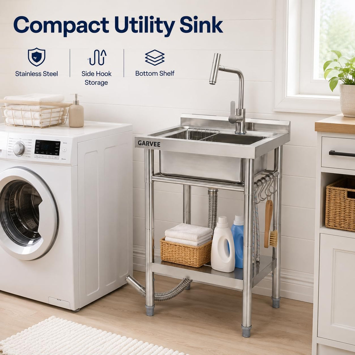 Freestanding Utility Sink 20" x 20" x 35", Stainless Steel Single Bowl Freestanding with T-Shaped Faucet, No Drawer