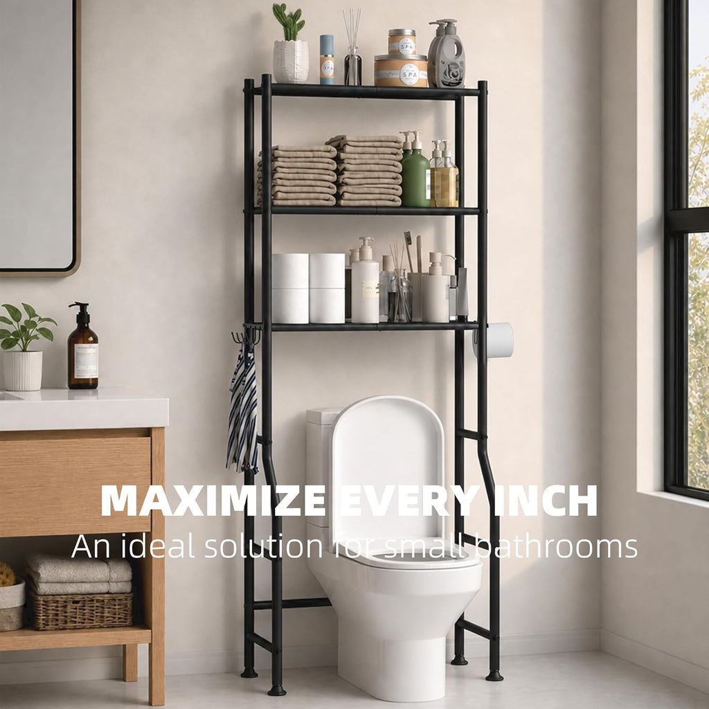 3-Tier Over Toilet Storage, Anti-Tilt, 64" H, Black | Anti-Tilt Safety System, 150lb Capacity, Carbon Steel