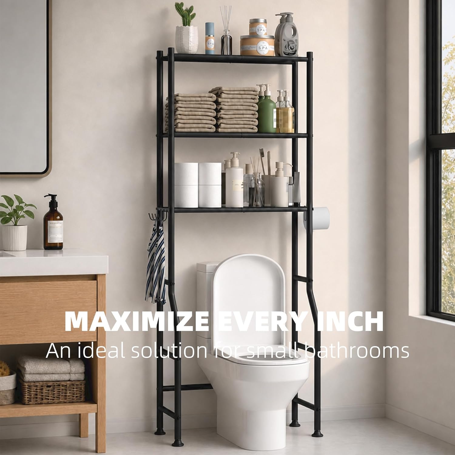 3-Tier Over Toilet Storage, Anti-Tilt, 64" H, Black | Anti-Tilt Safety System, 150lb Capacity, Carbon Steel