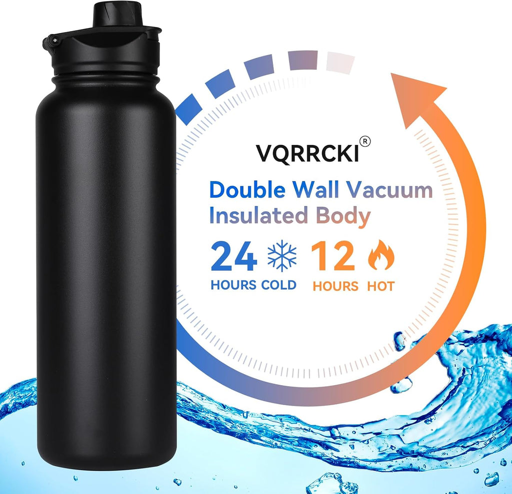 40 oz Insulated Water Bottle with Straw, Stainless Steel Sports Water Bottles with 2 Lids (Straw and Wide Mouth lid)