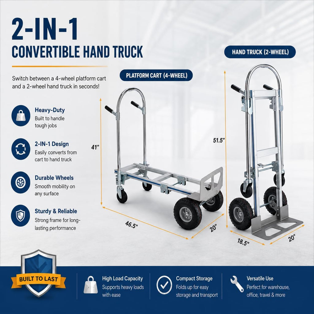 2-in-1 Convertible Hand Truck Dolly, 800 LB Capacity Heavy Duty Utility Cart with Pneumatic Tires, Aluminum & Steel