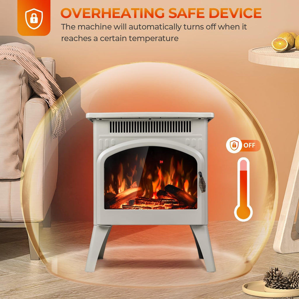 Electric Fireplace Heater 17" with Remote Control, Metal, Beige | Cathedral Stylish, Freestanding, Realistic Flame
