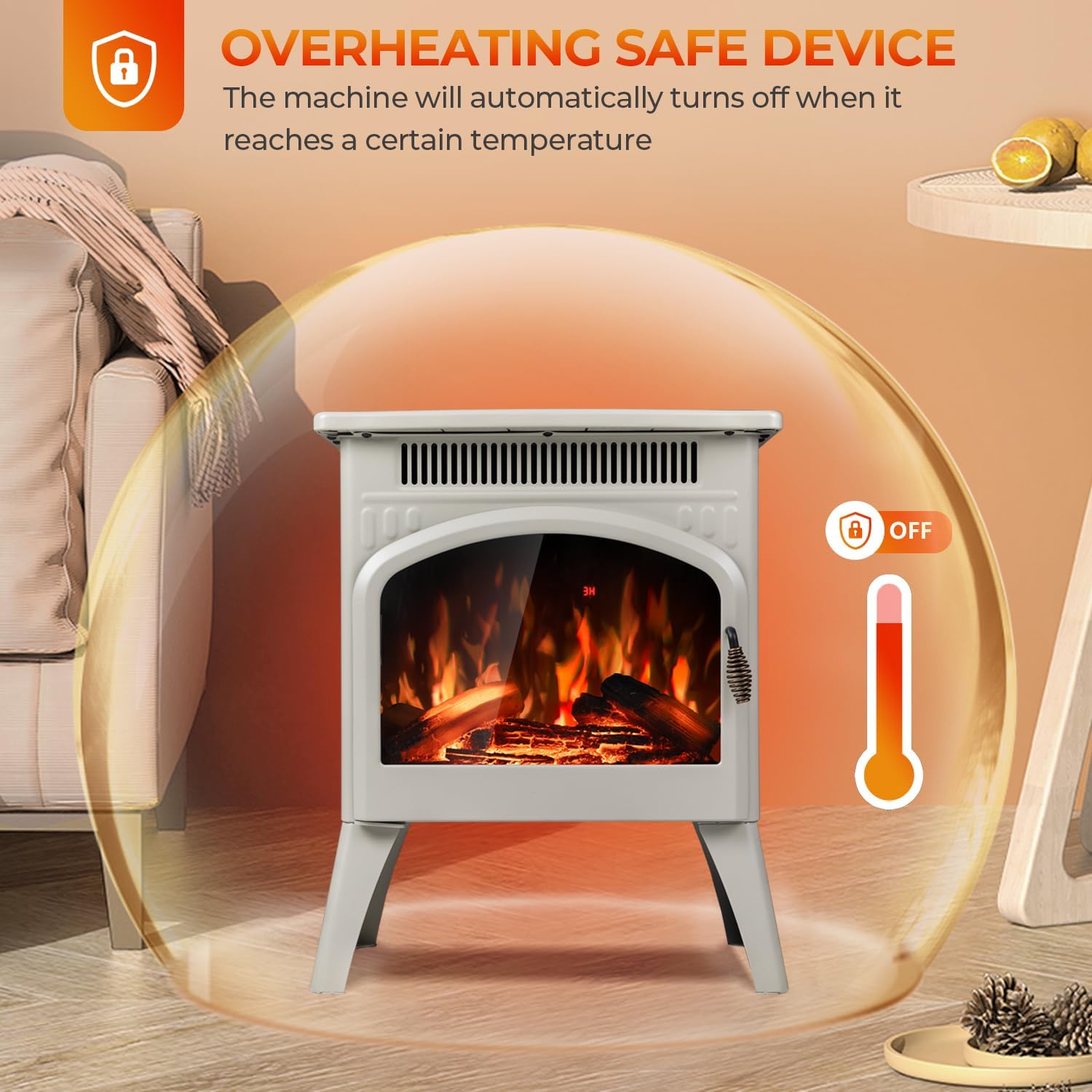 Electric Fireplace Heater 17" with Remote Control, Metal, Beige | Cathedral Stylish, Freestanding, Realistic Flame