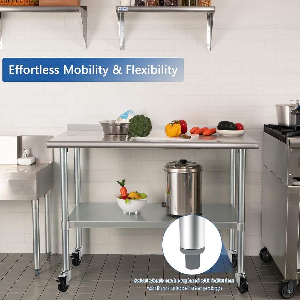 HARDURA Stainless Steel Table with Wheels 30X48 Inches, 2" Backsplash