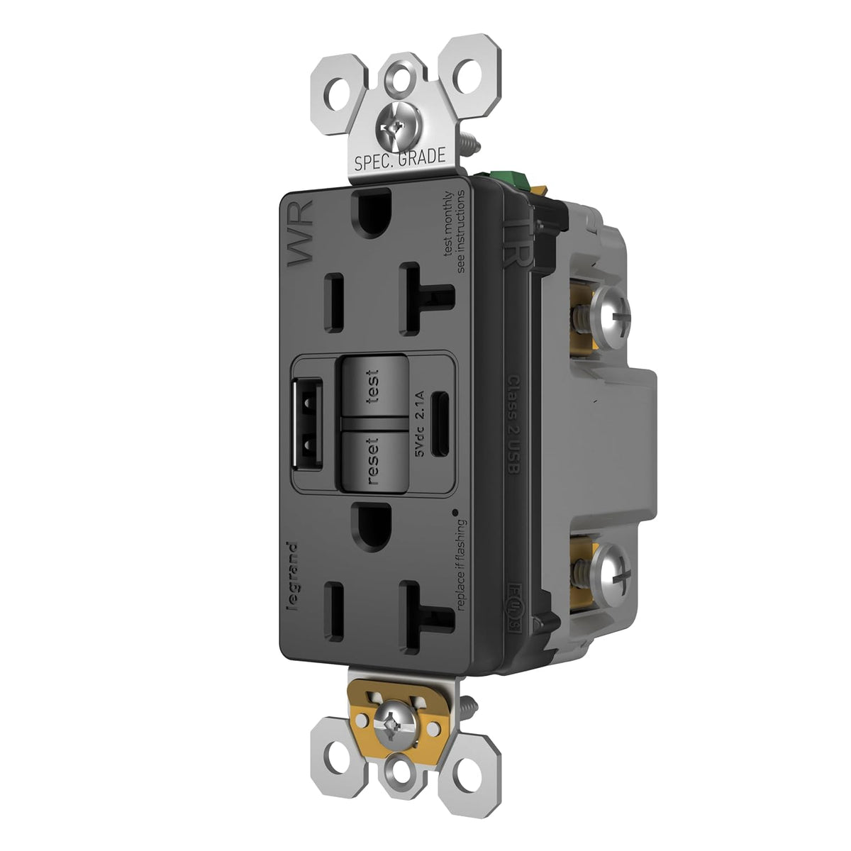 Legrand 20 Amp Hospital Grade GFCI USB Type A/C Wall Outlet Black 1 Pack