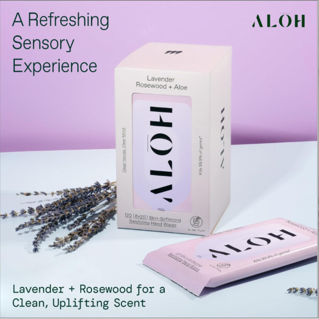 ALŌH Lavender Rosewood + Aloe Hand Sanitizer Wipes, Travel Size | Clean Hands, Clear Mind, On The Go for Kids and