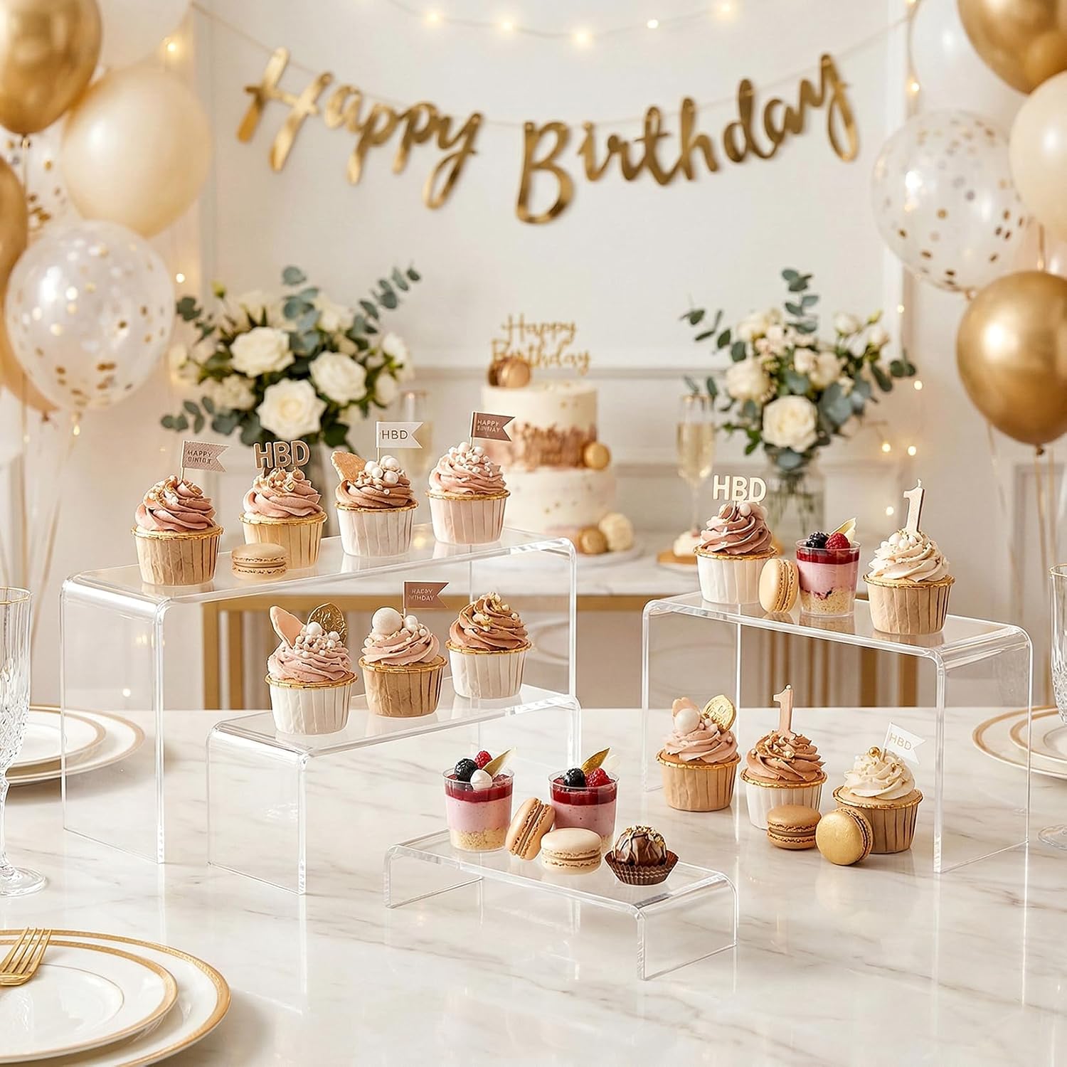 Acrylic Display Risers, 2 Set(7.8" L~8.2" L~8.6" L) Display Shelf | Acrylic Stand for Cupcake, Clear Acrylic Stands