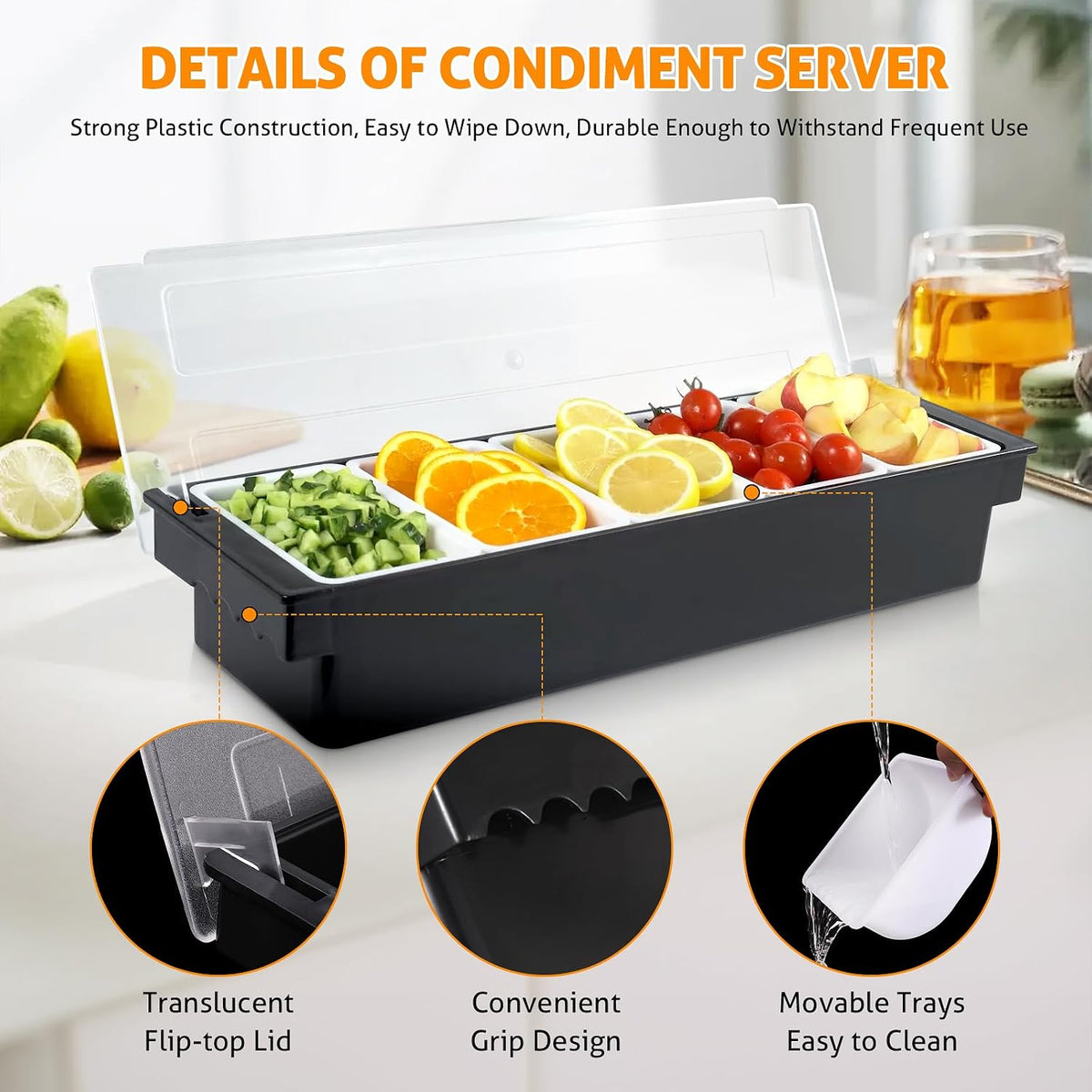 Ice Chilled Condiment Caddy with 5 Removable Trays and Lids