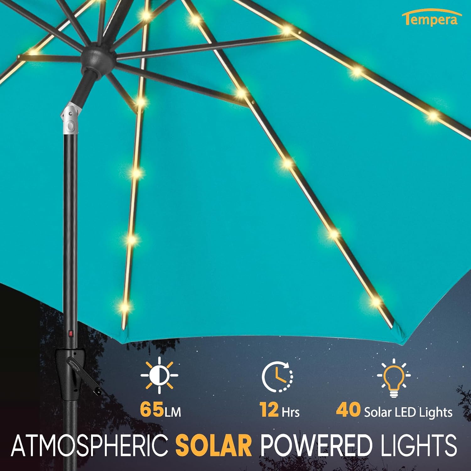 Solar Patio Umbrella 40 LED Lighted Outdoor Umbrella Table Market Umbrella with Push Button Tilt and Crank, Solar
